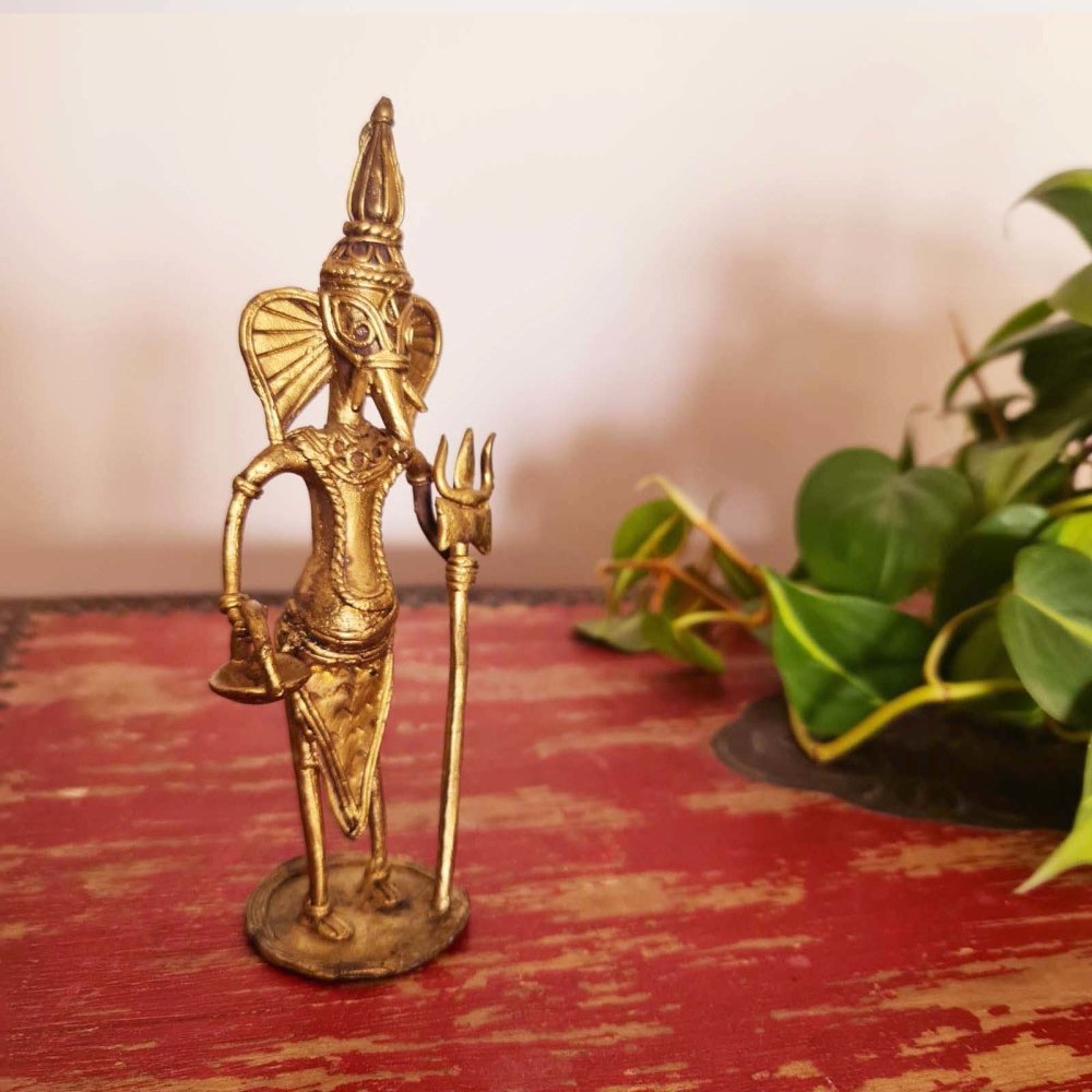 Ganesha Showpiece Handmade in Metal | Dhokra Craft - H - 7 inches X W - 2.5 inches / Brass