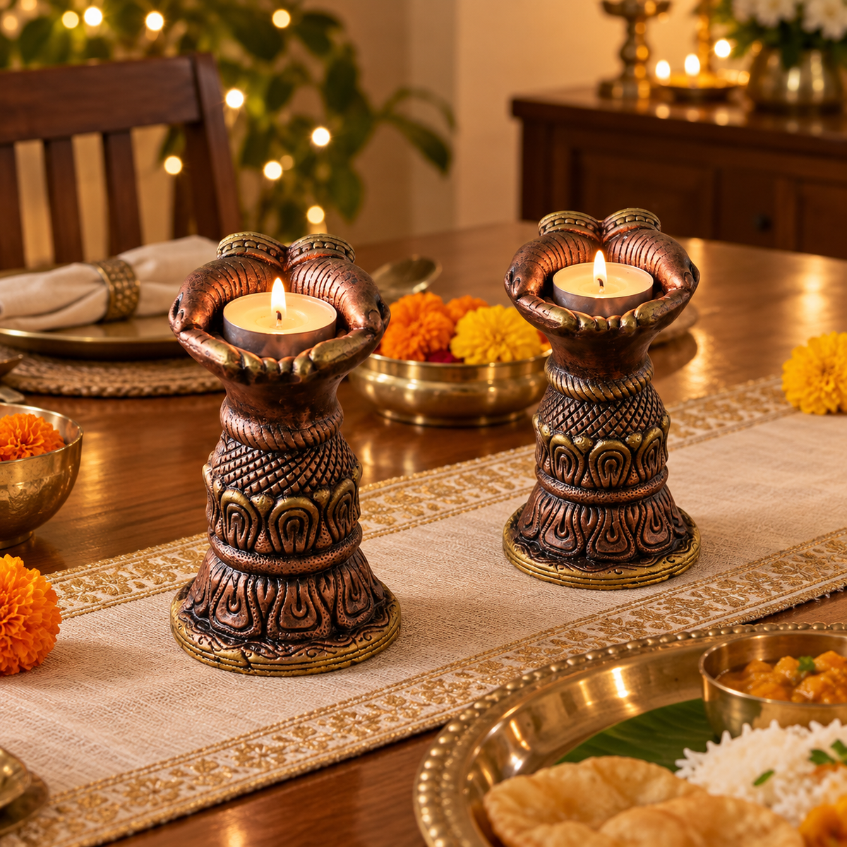 Anjali: Open Hands Terracotta Tea Light Stands, Set of 2