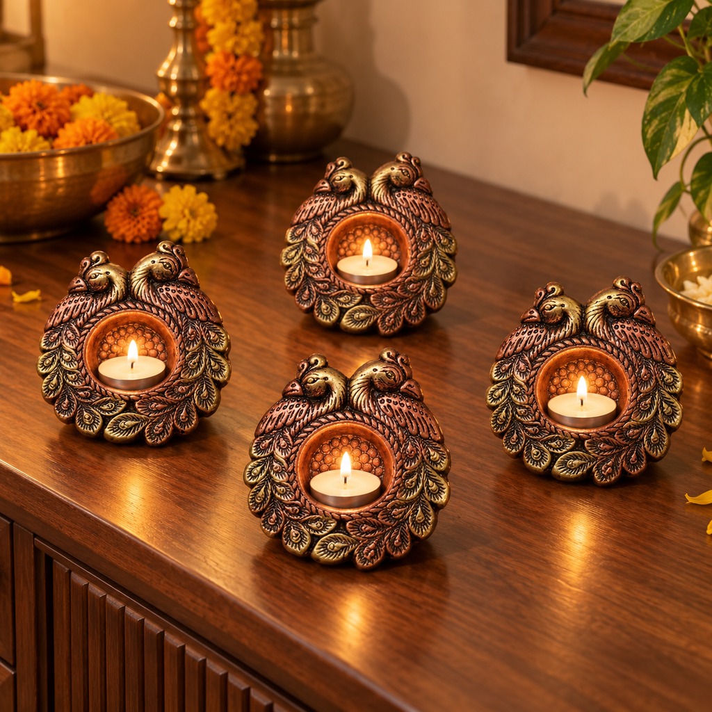 Jodi: Peacock Pair Terracotta Tea Light Holders, Set of 4 or 2