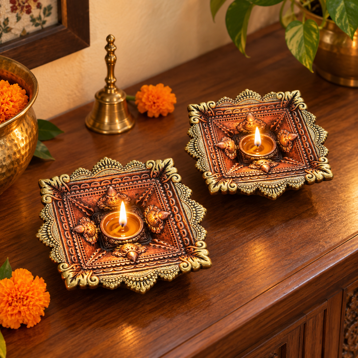 Chaumukh: Large Four-Wick Terracotta Diya, Set of 2 or Single