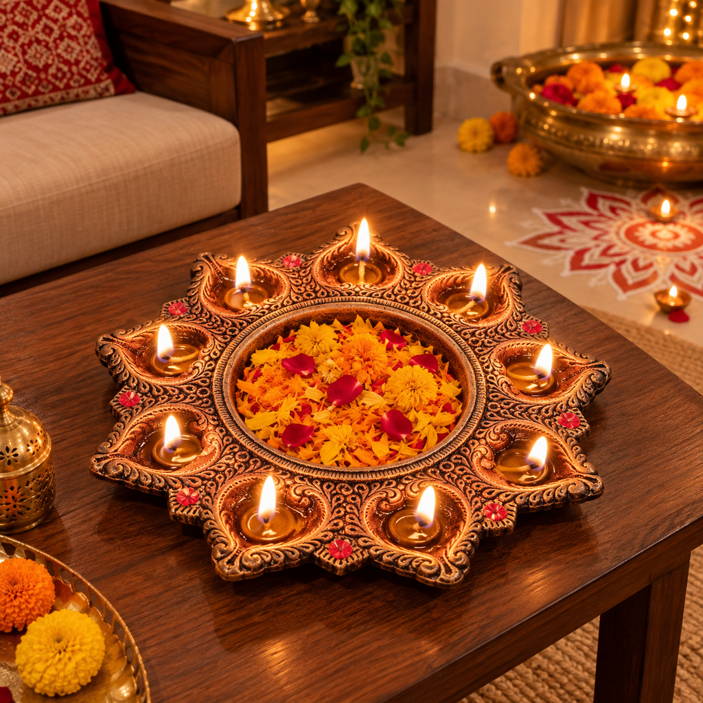 Arati: 9-Diya Terracotta Plate, 9 in