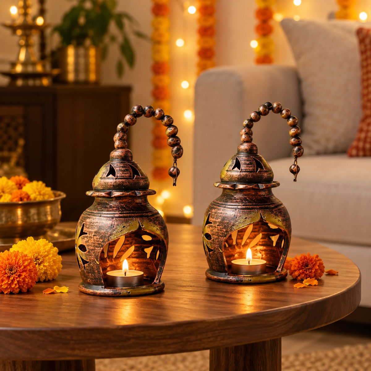 Ghonsla: Hanging Terracotta Tea Light Lanterns, Set of 2