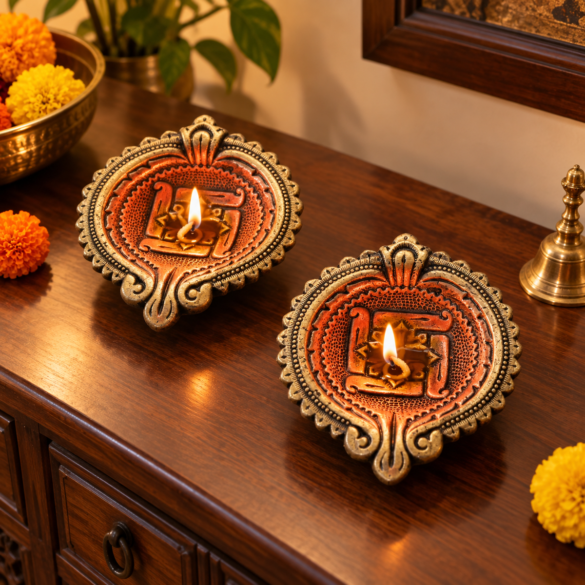 Mangal: Large Swastik Terracotta Diyas, 6 in, Set of 2
