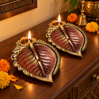 Ashwattha: Large Peepal Leaf Terracotta Diyas, 6 in, Set of 2