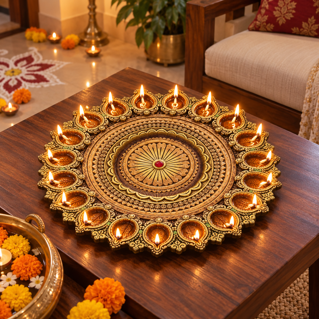 Prabha: 21-Diya Terracotta Thali, 14 in