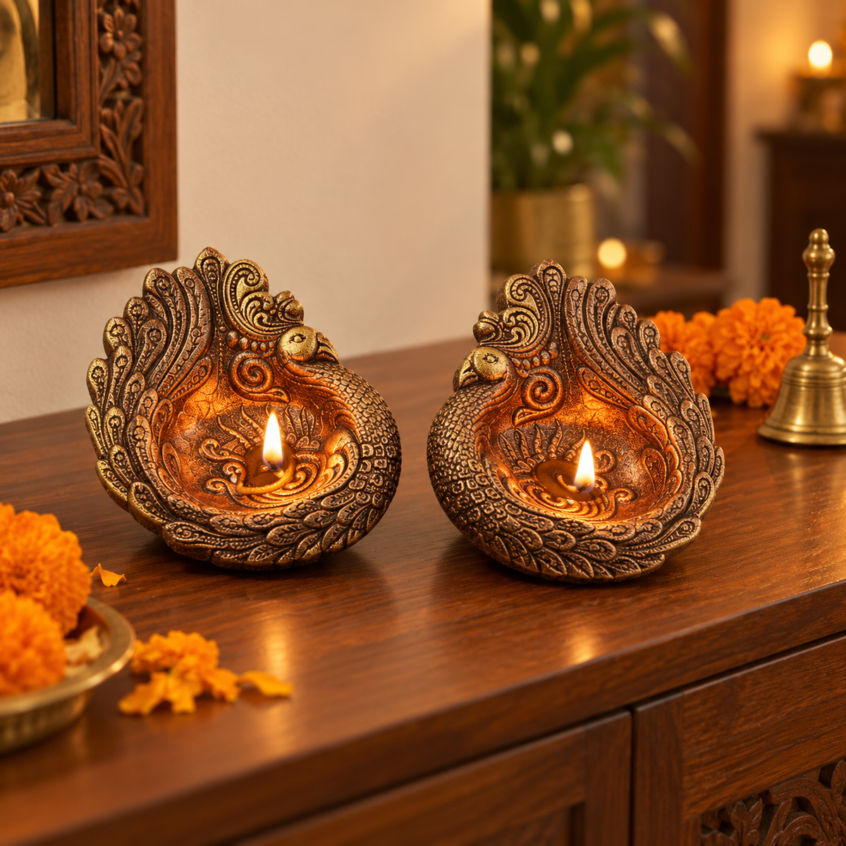 Mor Pankh: Large Peacock Terracotta Diya, 7.5 in, Set of 2 or Single
