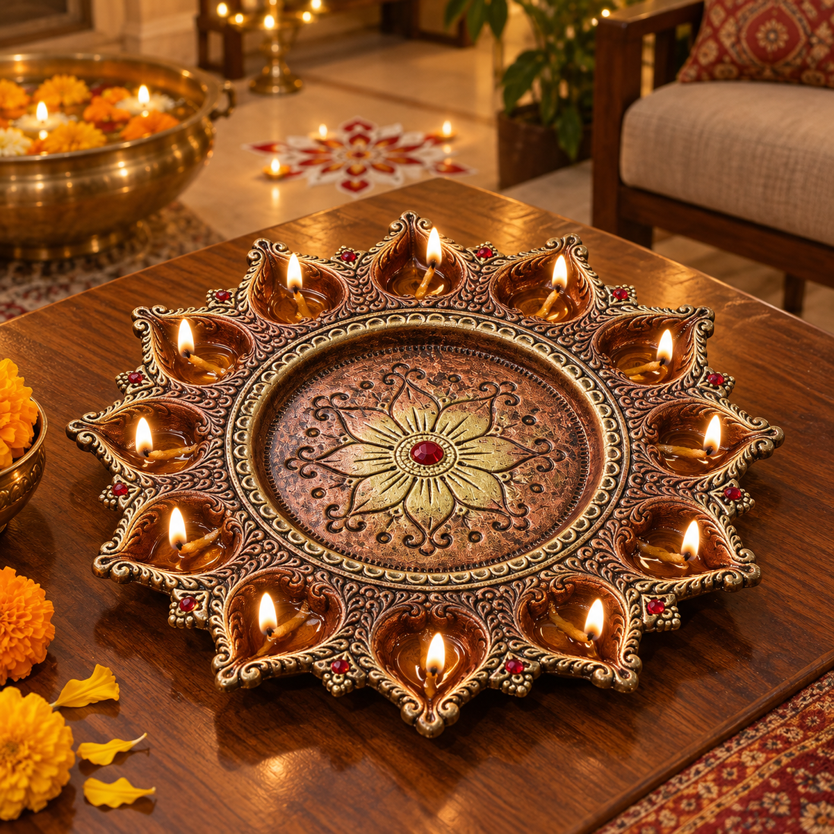 Kamalini: 11-Diya Terracotta Plate with Lotus Centre, 10.5 in