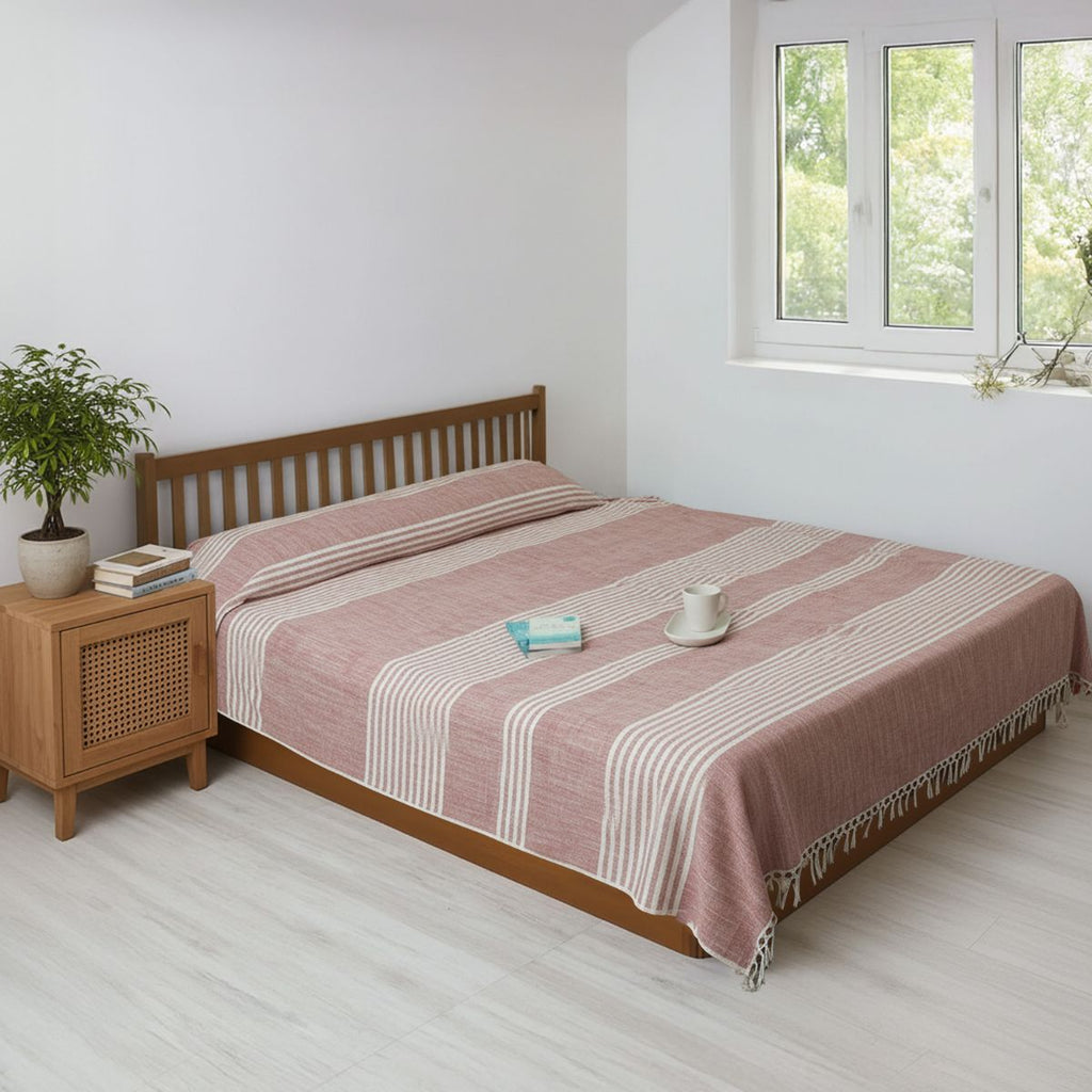 Double Bed Cover Handwoven with premium cotton in Pink and Off-white in a Striped design | Queen Size 90 x 108 inches