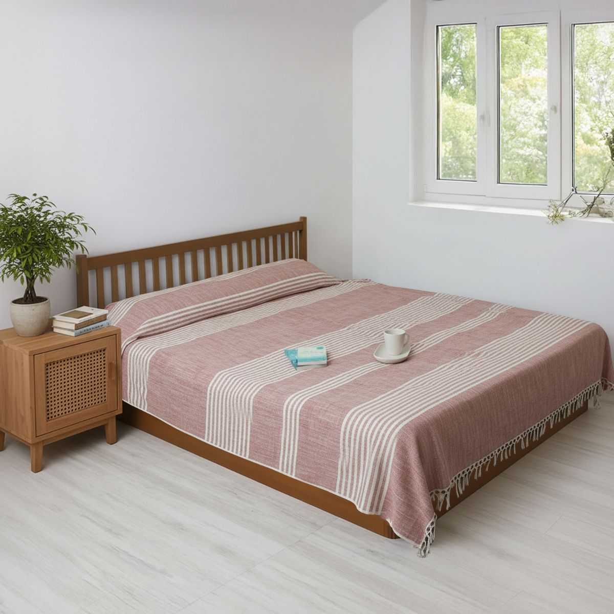 Double Bed Cover Handwoven with premium cotton in Pink and Off-white in a Striped design | Queen Size 90 x 108 inches