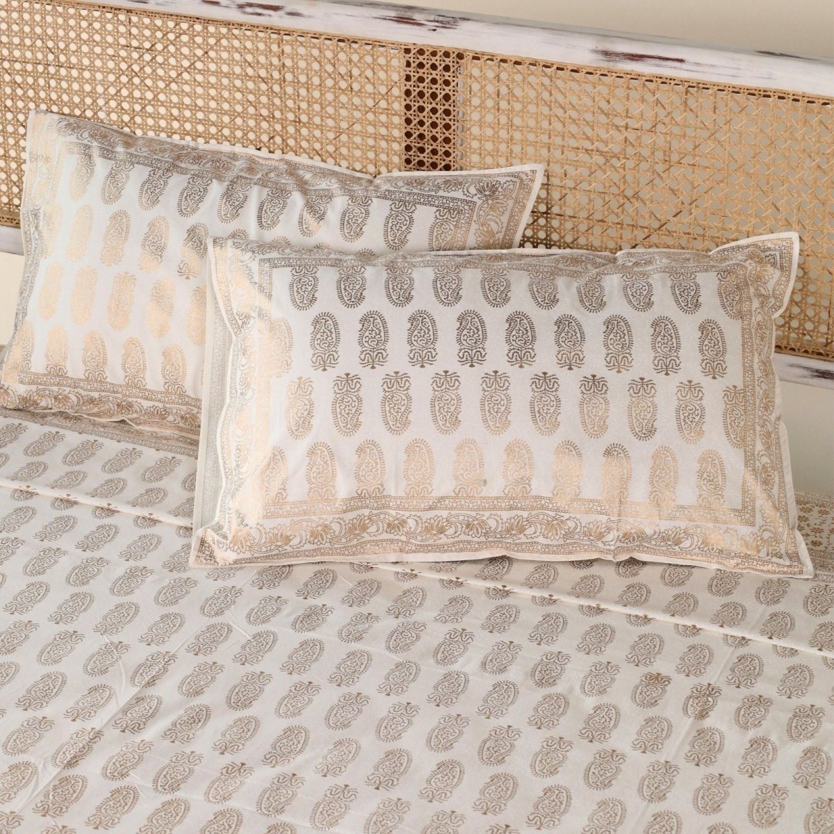Double Bed Cover Set With Pillow Covers Hand Printed In Gold & White | King Size | Handmade In India - 90 x 108 inches / Pure Cotton / Off White & Golden