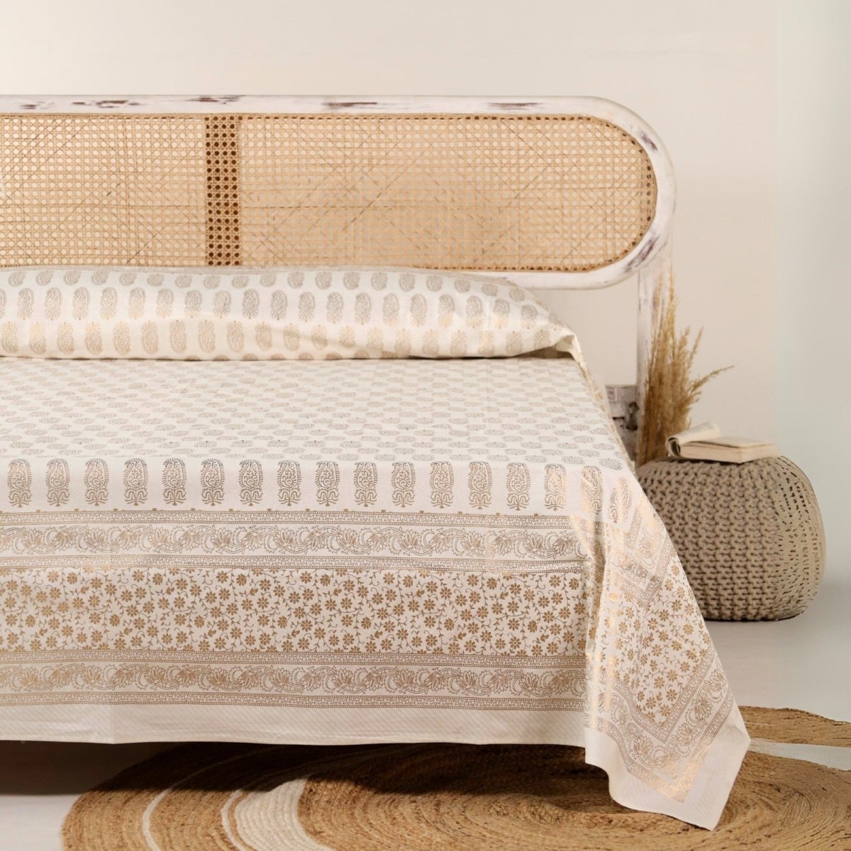 Double Bed Cover Set With Pillow Covers Hand Printed In Gold & White | King Size | Handmade In India - 90 x 108 inches / Pure Cotton / Off White & Golden