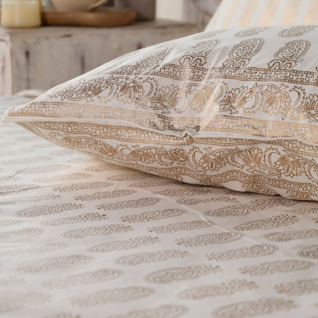Double Bed Cover Set With Pillow Covers Hand Printed In Gold & White | King Size | Handmade In India - 90 x 108 inches / Pure Cotton / Off White & Golden
