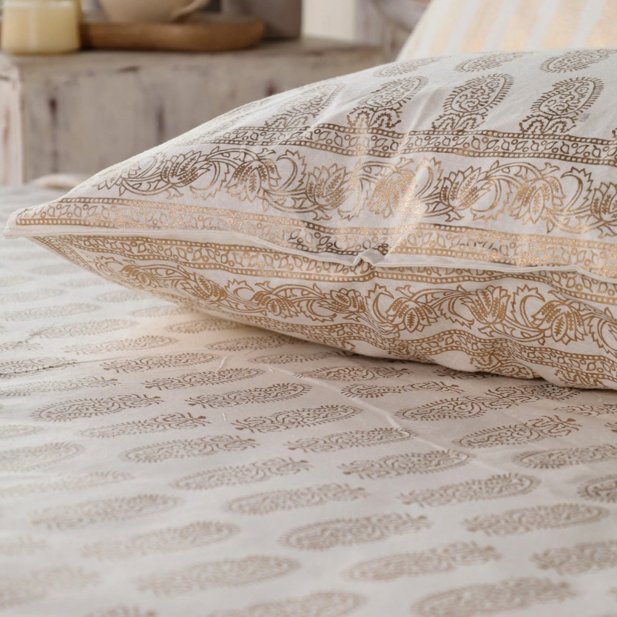 Double Bed Cover Set With Pillow Covers Hand Printed In Gold & White | King Size | Handmade In India - 90 x 108 inches / Pure Cotton / Off White & Golden