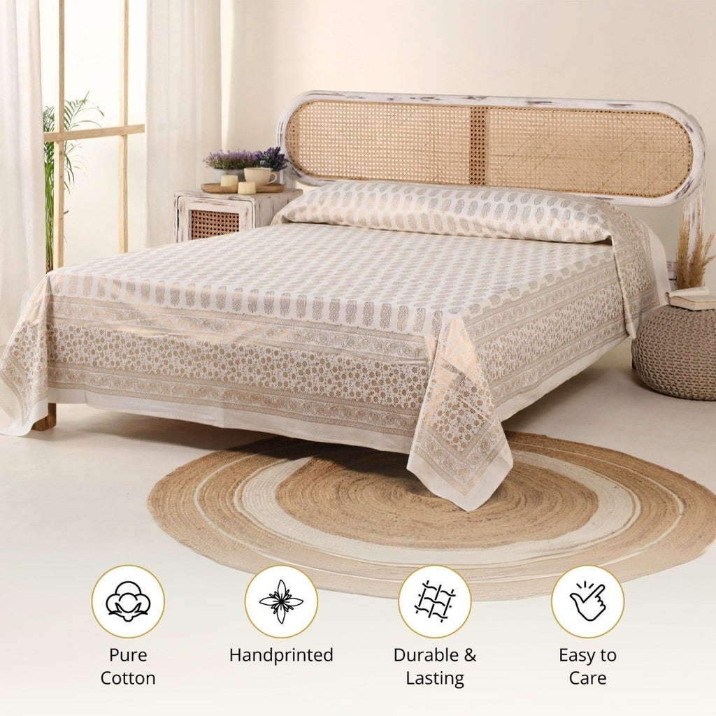 Double Bed Cover Set With Pillow Covers Hand Printed In Gold & White | King Size | Handmade In India - 90 x 108 inches / Pure Cotton / Off White & Golden