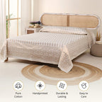 Double Bed Cover Set With Pillow Covers Hand Printed In Gold & White | King Size | Handmade In India - 90 x 108 inches / Pure Cotton / Off White & Golden