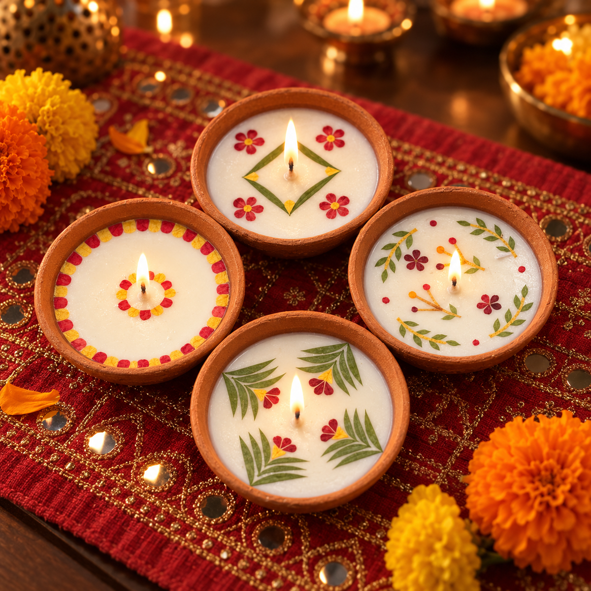 Medium Soy Wax Diyas with Flower Petals, Set of 4, lit for Diwali on a mirror-work runner