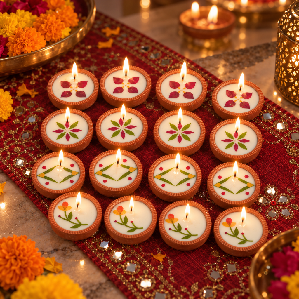 Pressed-Flower Soy Wax Mini Diyas, 1 in, Boxed Sets, lit for Diwali