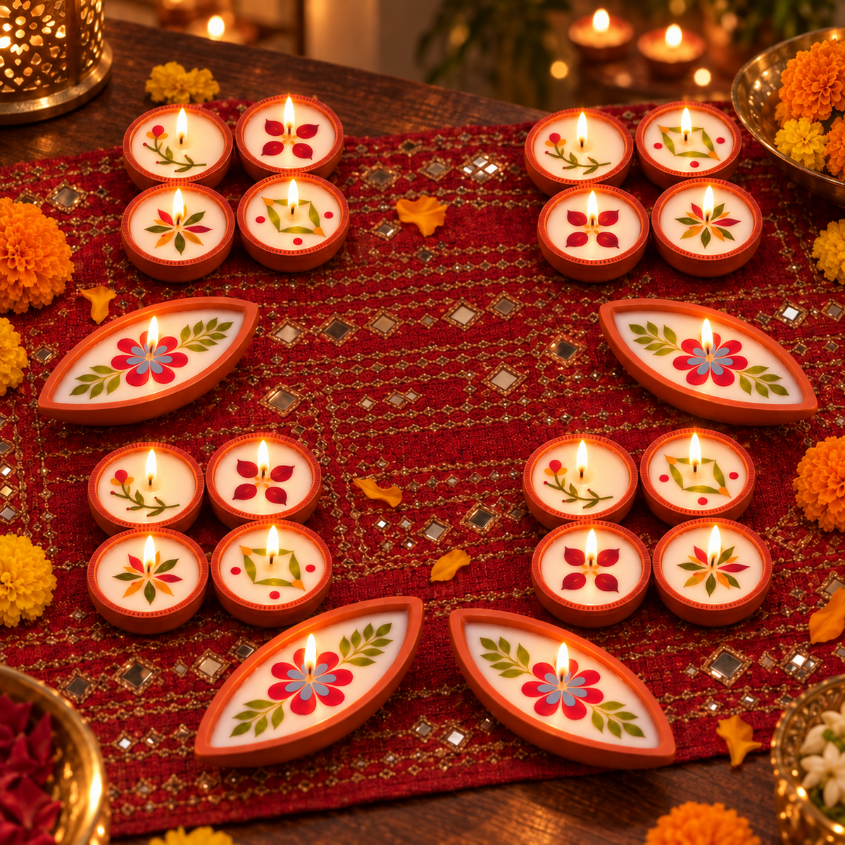 Soy Wax Dried-Flower Diyas, 4 Boat and 16 Round, lit for Diwali