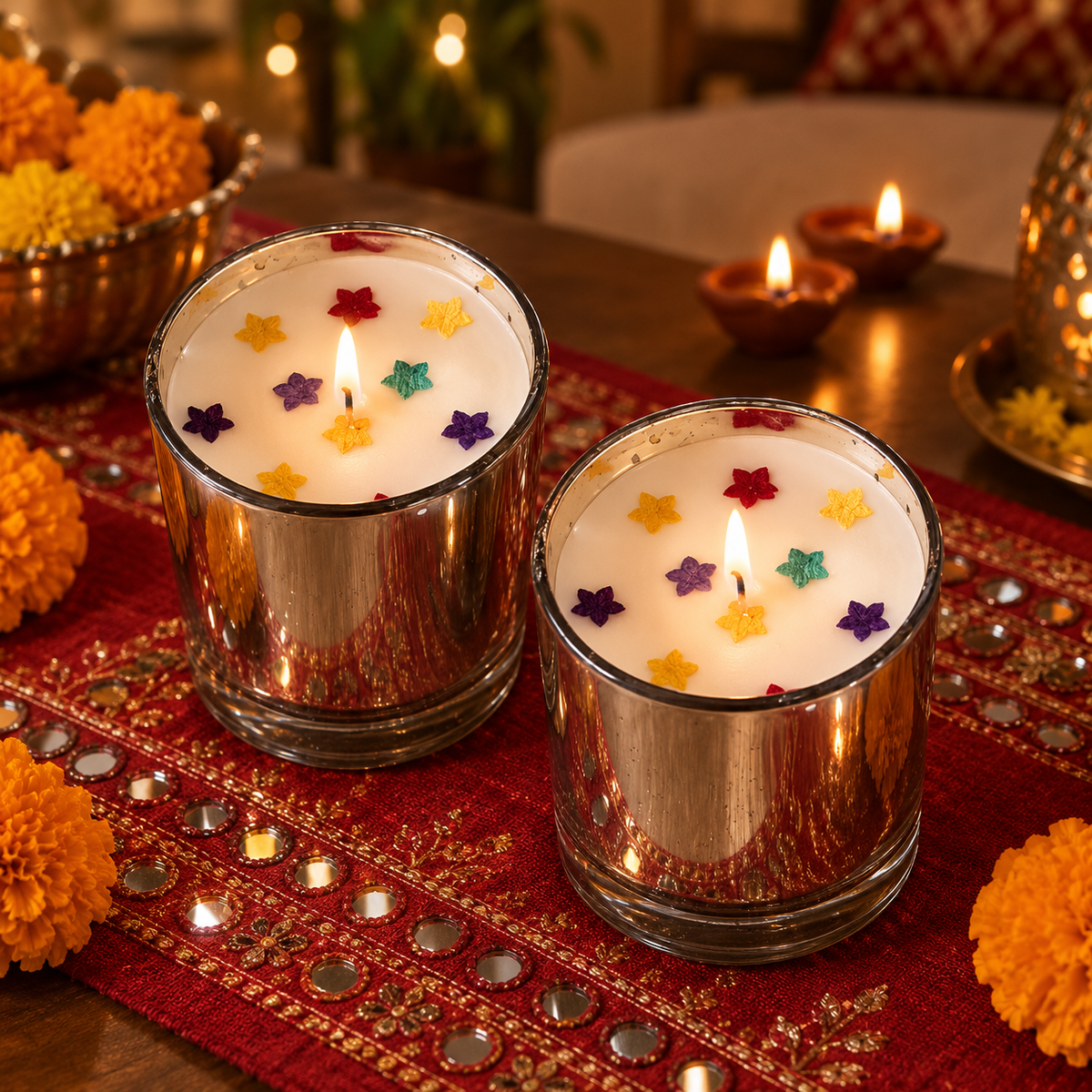 Silver Glass Rose-Scented Soy Wax Candles, Set of 2, lit for Diwali on a mirror-work runner