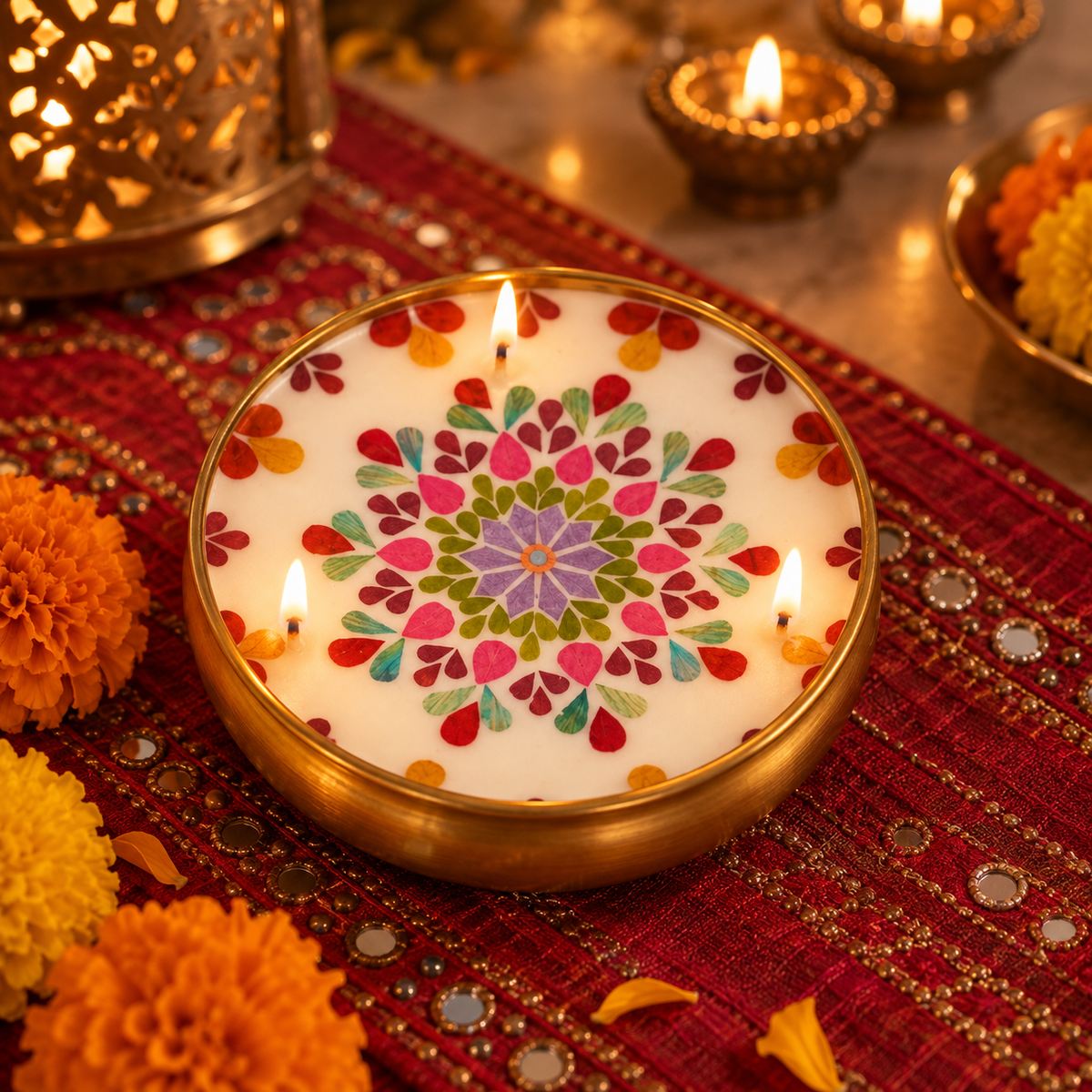 Mandala Soy Wax Candle in a Brass Urli, 5 in, lit for Diwali on a mirror-work runner