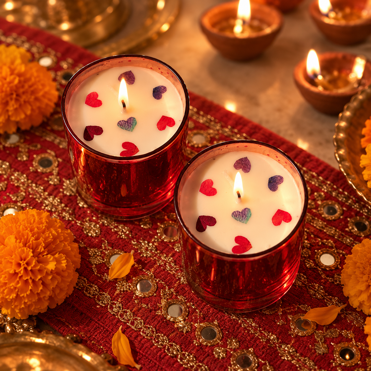 Red Soy Wax Candles with Dried-Rose Hearts, Set of 2, lit for Diwali on a mirror-work runner