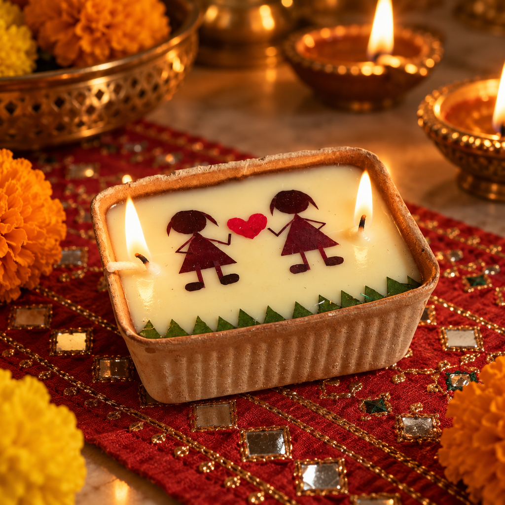 Love Candle, Two Brides, Dried Rose in Terracotta, lit for Diwali on a mirror-work runner