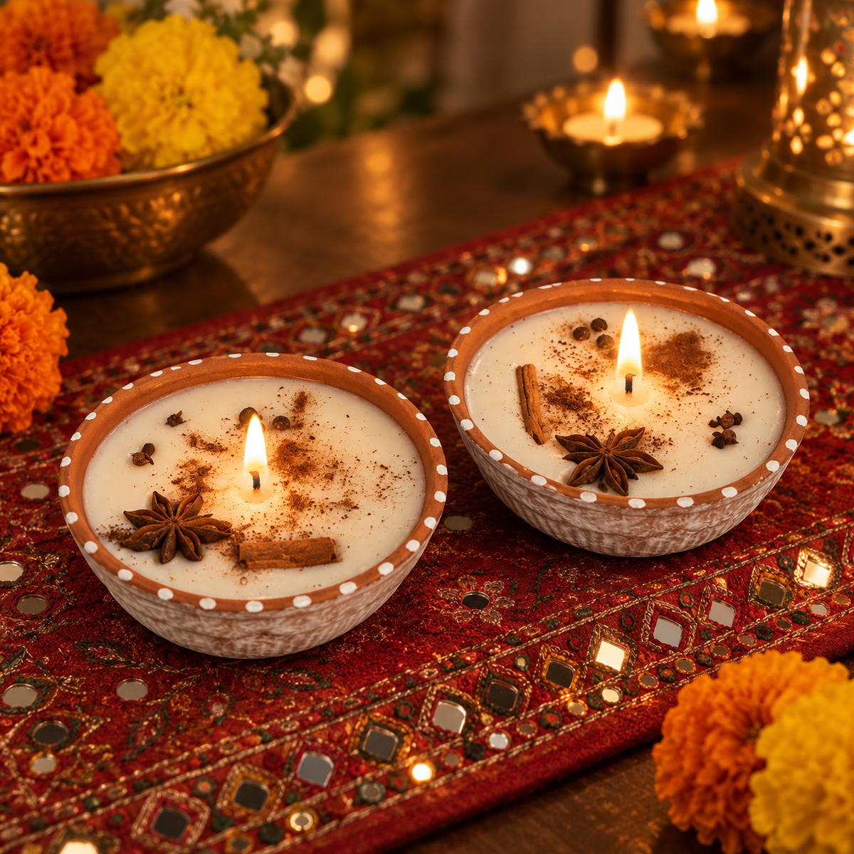 Whole-Spice Soy Wax Candles in Terracotta, Set of 2, lit for Diwali on a mirror-work runner