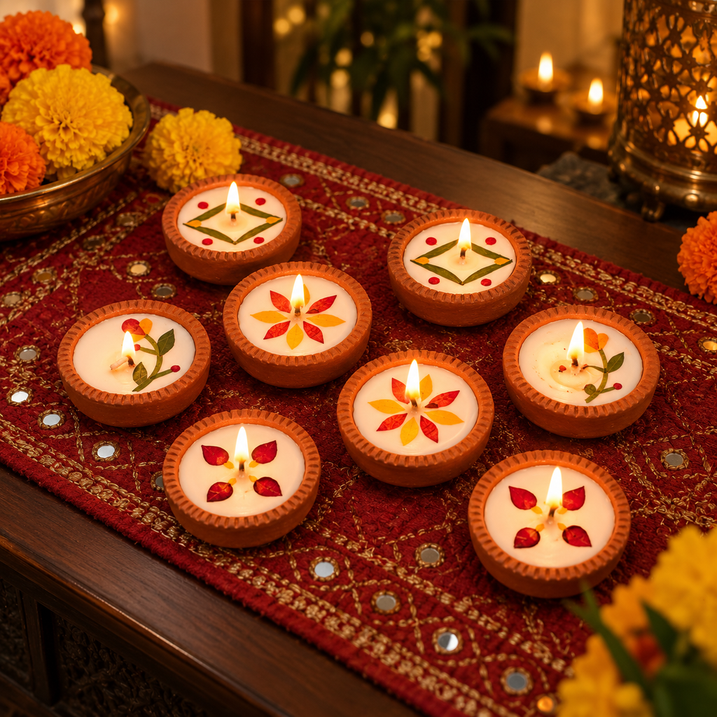Dried-Flower Soy Wax Terracotta Diyas, Set of 16, lit for Diwali