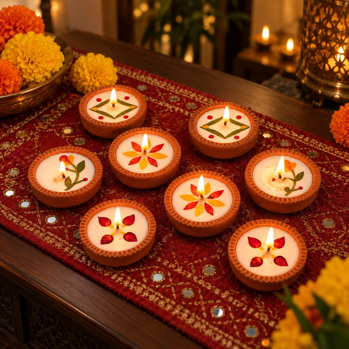 Dried-Flower Soy Wax Terracotta Diyas, Set of 16, lit for Diwali
