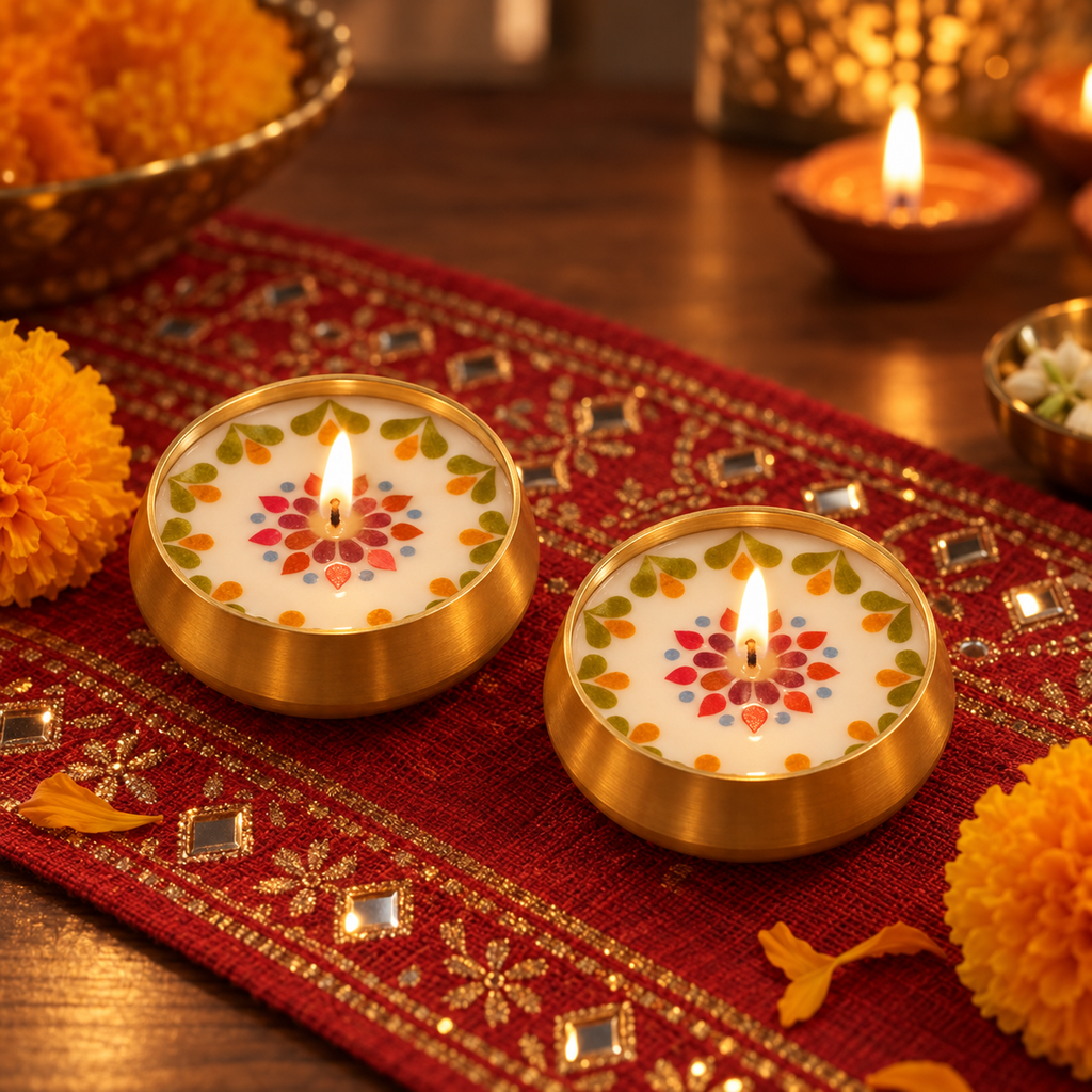 Pressed-Flower Brass Urli Candles, Set of 2, lit for Diwali on a mirror-work runner