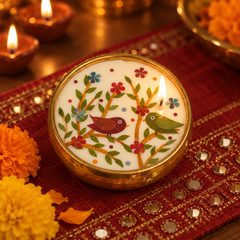 Panchhi: Bird Motif Soy Wax Candle in a Brass Urli, 4 in