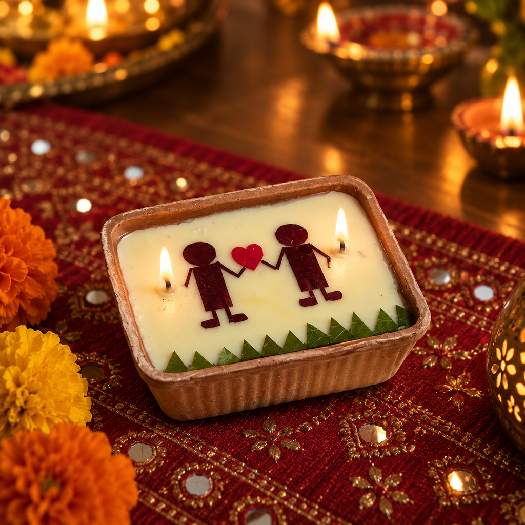 Love Candle, Two Grooms, Dried Rose in Terracotta, lit for Diwali on a mirror-work runner