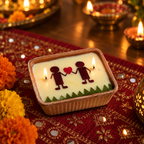 Love Candle, Two Grooms, Dried Rose in Terracotta, lit for Diwali on a mirror-work runner