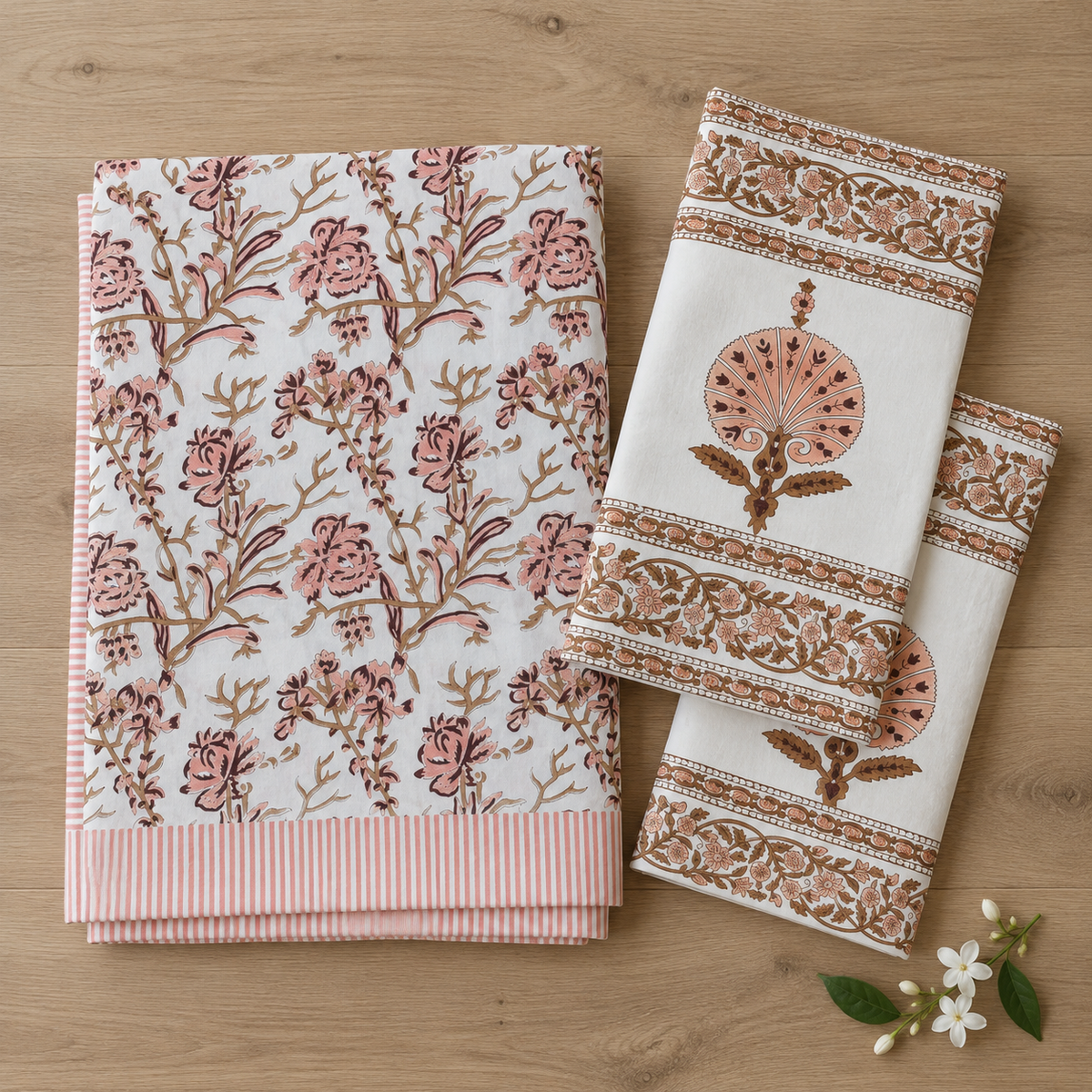 Pink Floral Vine Bedsheet Set, folded with its pillow covers