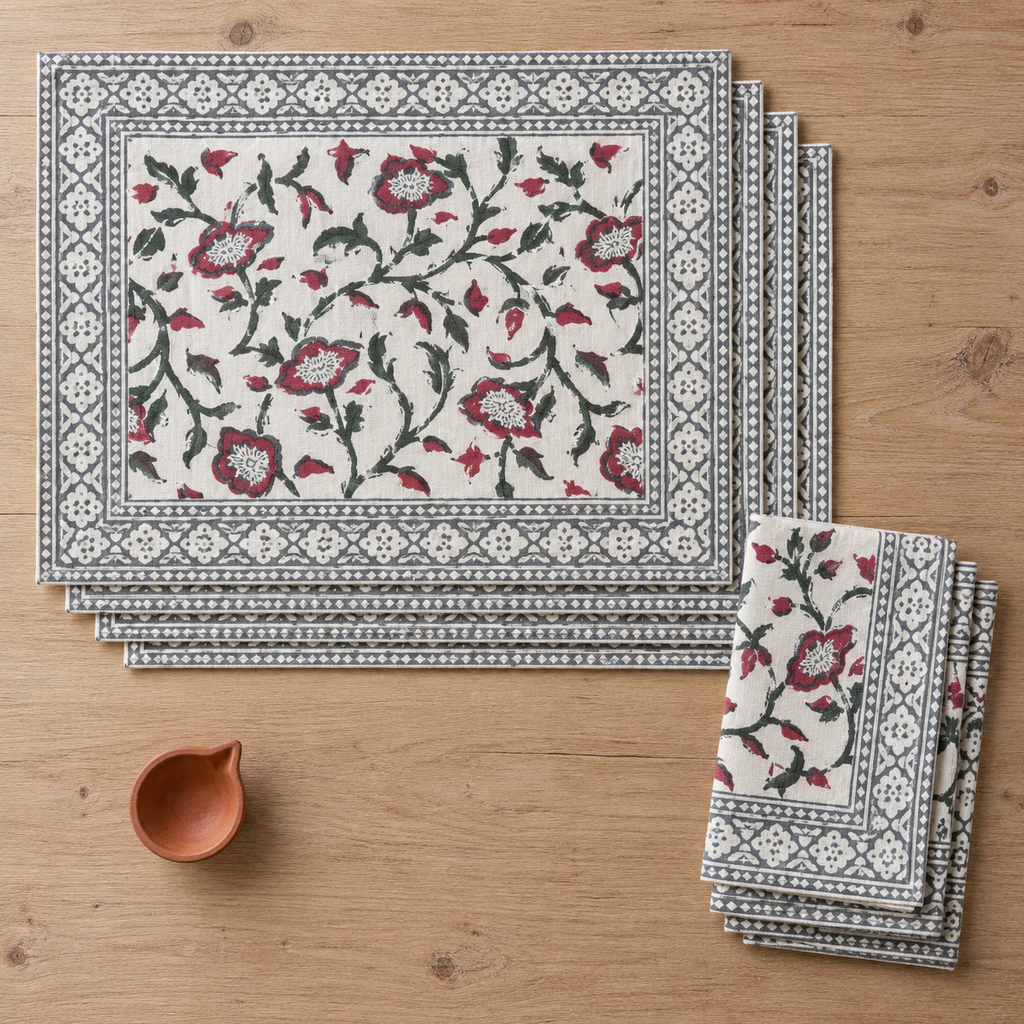 Maroon and Grey Floral Placemat and Napkin Set of 12, placemats and napkins stacked, seen from above