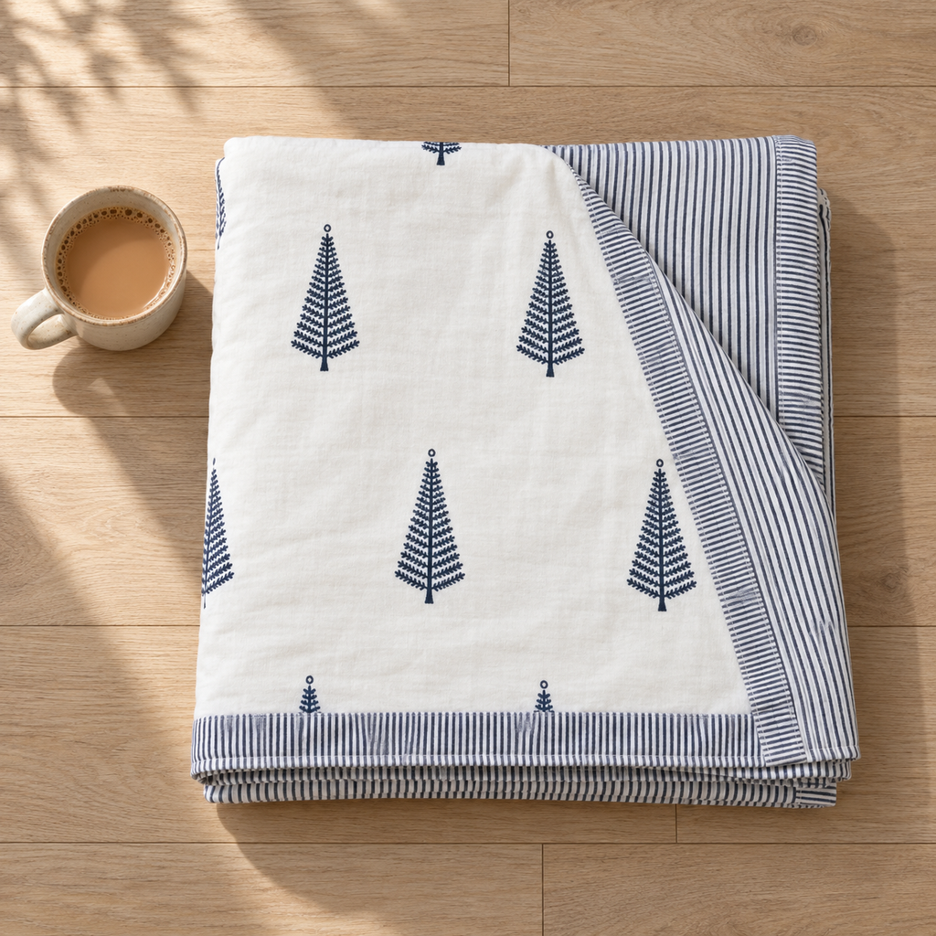 Navy Tree Motif Dohar, folded, seen from above