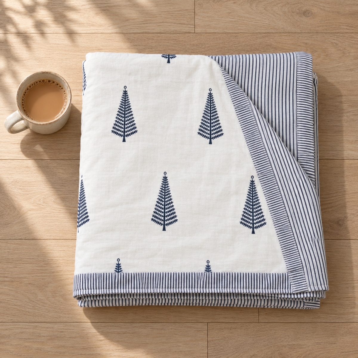 Navy Tree Motif Dohar, folded, seen from above
