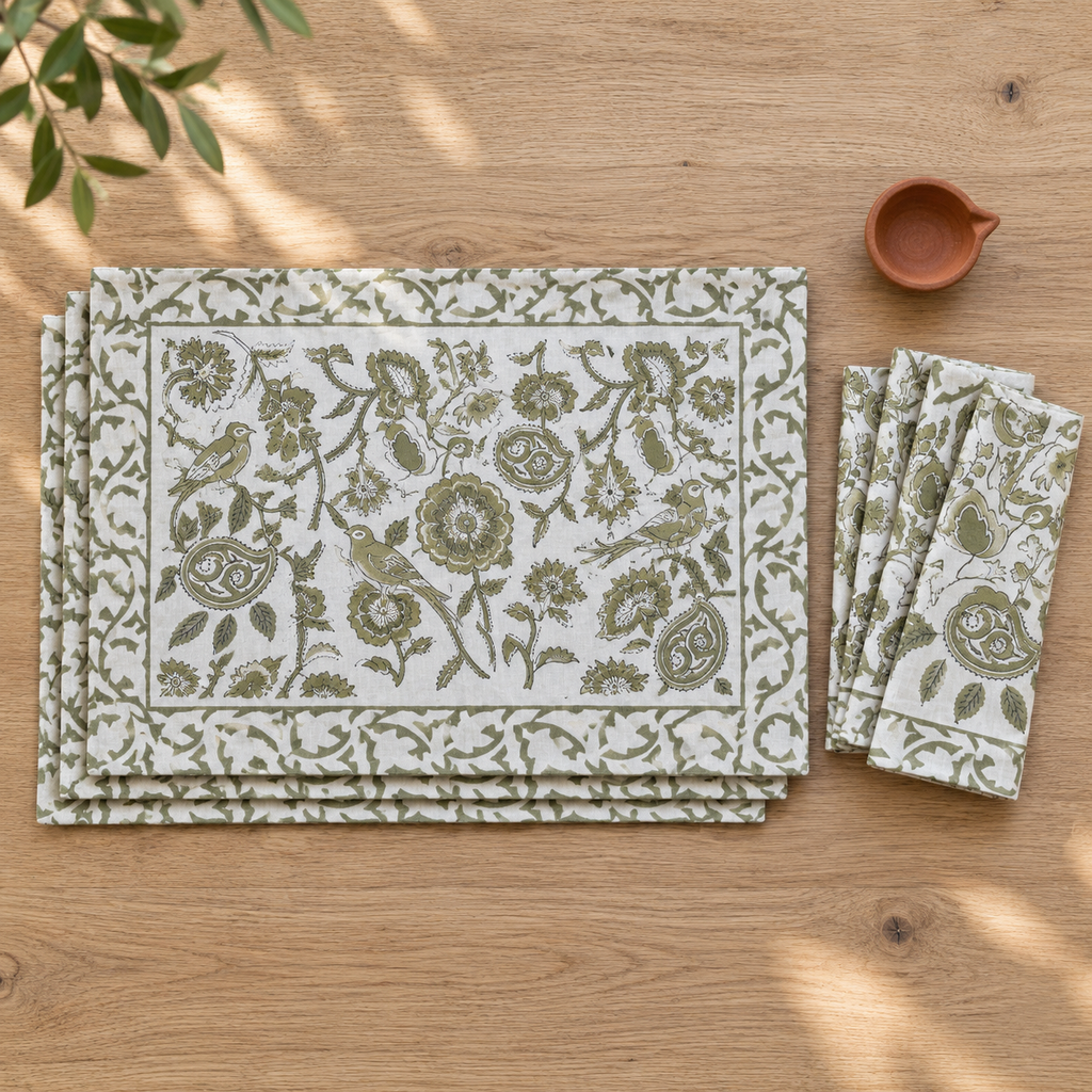 Olive Floral Placemat and Napkin Set of 12, placemats and napkins stacked, seen from above