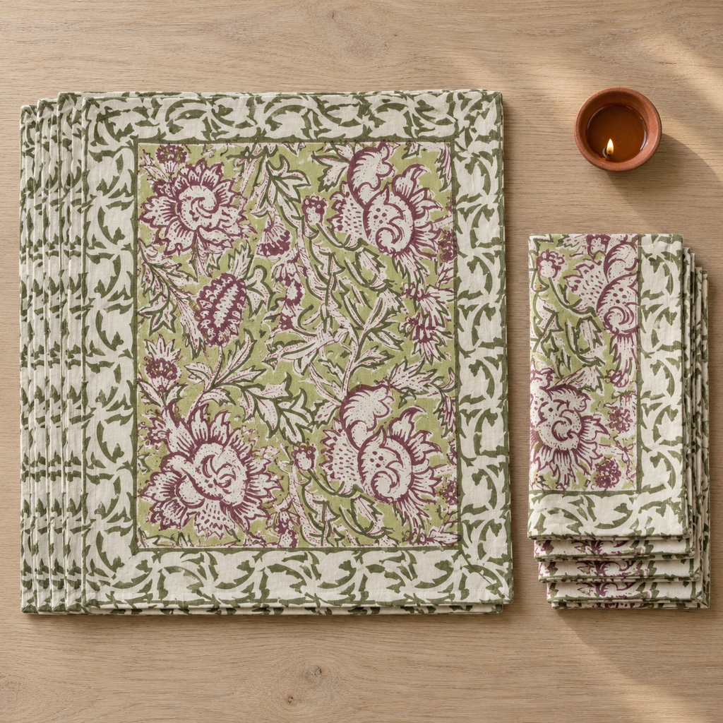 Purple and Green Floral Placemat and Napkin Set of 12, placemats and napkins stacked, seen from above