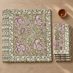 Purple and Green Floral Placemat and Napkin Set of 12, placemats and napkins stacked, seen from above