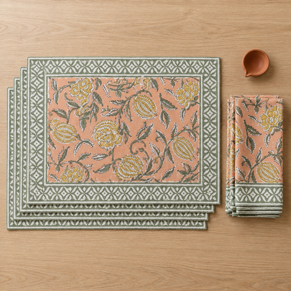 Peach Floral Placemat and Napkin Set of 12, placemats and napkins stacked, seen from above