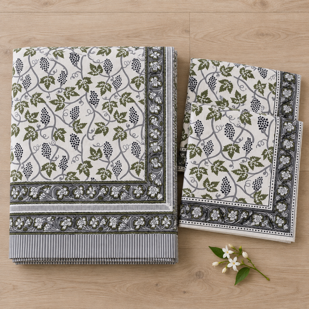 Grapevine Print Bedsheet Set, folded with its pillow covers