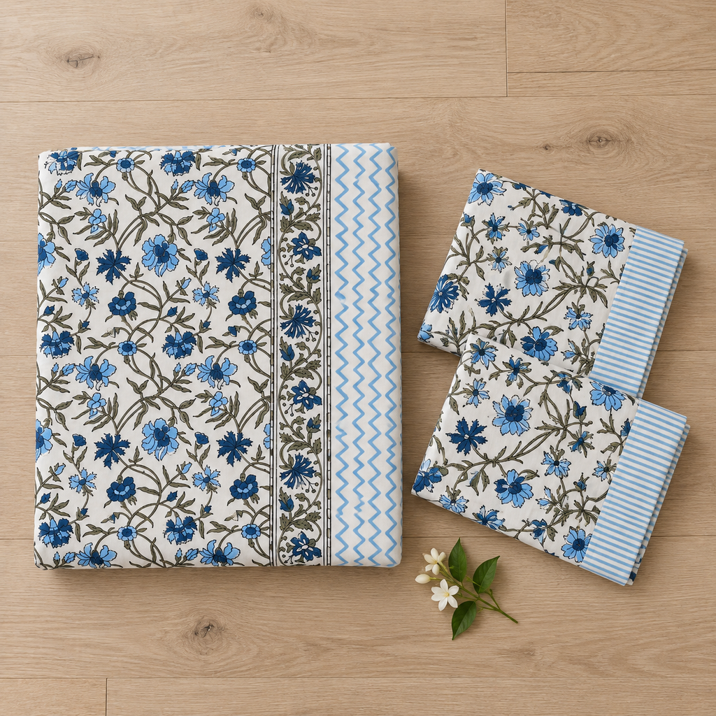 Blue Zigzag Floral Bedsheet Set, folded with its pillow covers