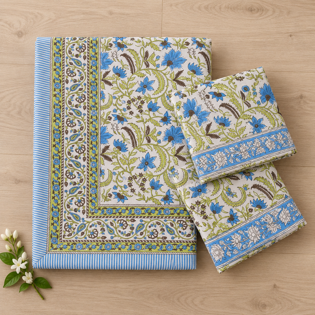 Green and Blue Floral Bedsheet Set, folded with its pillow covers