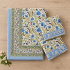 Green and Blue Floral Bedsheet Set, folded with its pillow covers