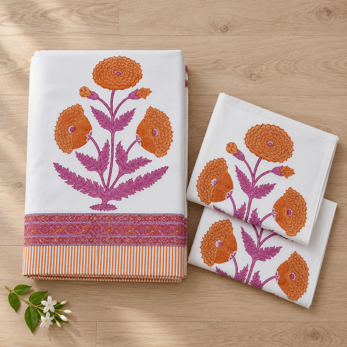 Orange Poppy Bedsheet Set, folded with its pillow covers