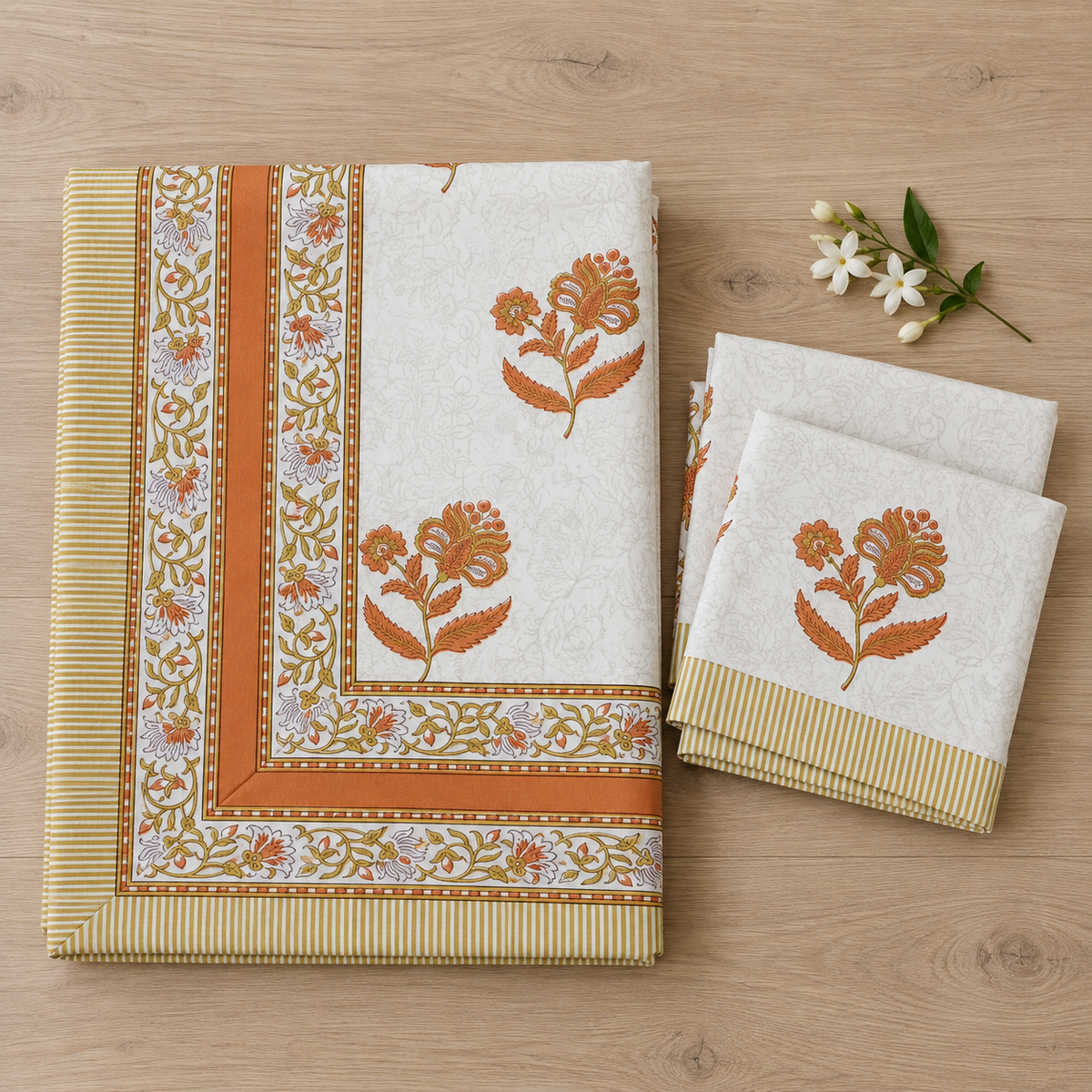 Orange Floral Buta Bedsheet Set, folded with its pillow covers