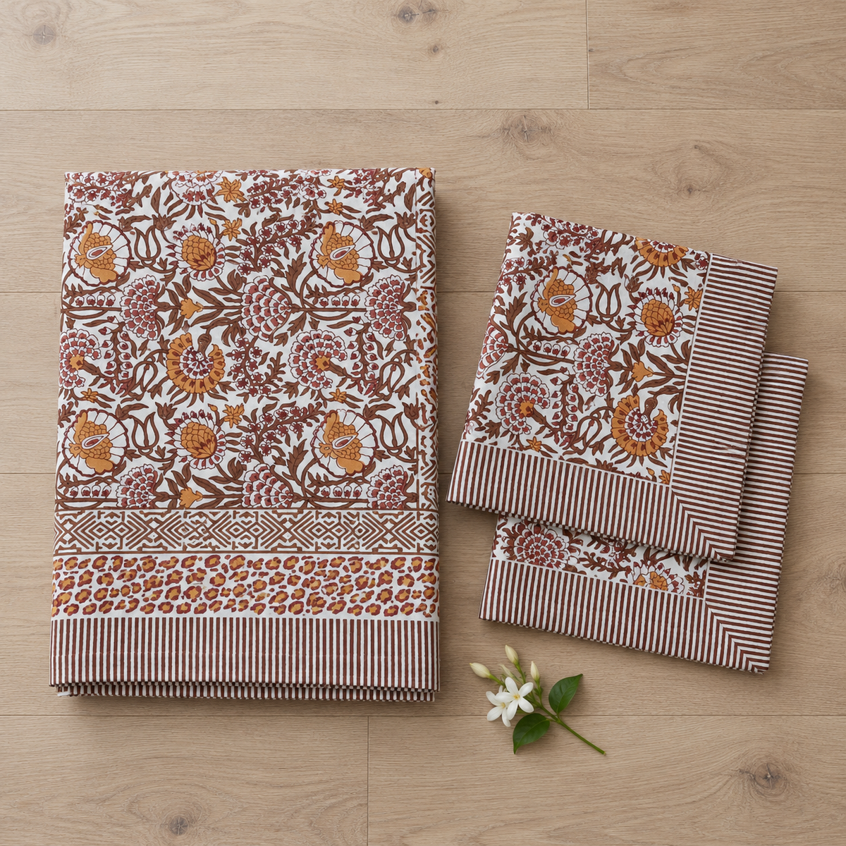 Rust Floral Bedsheet Set, folded with its pillow covers