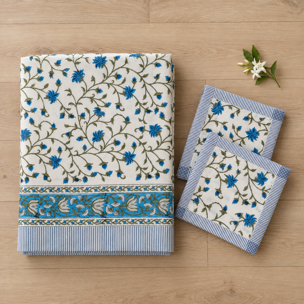 Blue Floral Vine Bedsheet Set, folded with its pillow covers