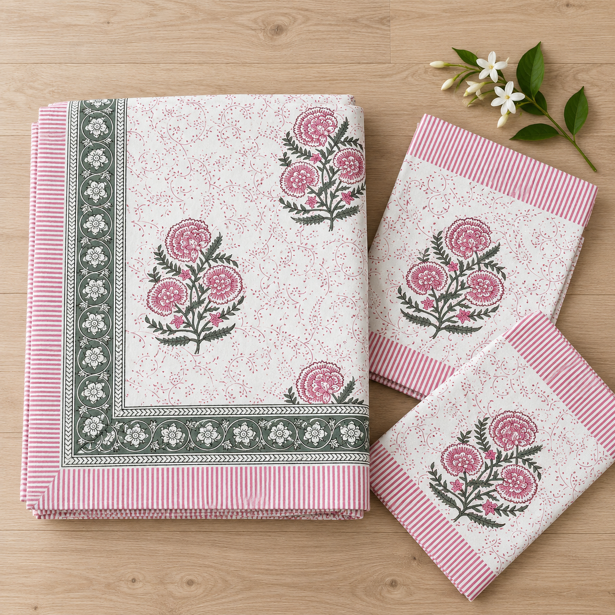 Pink Floral Buta Bedsheet Set, folded with its pillow covers